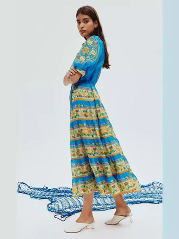 Autumn New French Retro Printing Splicing Process Single Buckle Belt Belt Waist Long Dress Dress Woman